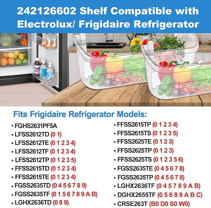 2 Pack UPGRADED 242126602 Refrigerator Door Bin Shelf Replacement for Frigidaire Electrolux Refrigerator Door Shelf Bin Bottom 2 Shelves - Side Shelf Rack Parts AP6278233 PS12364199 4547407