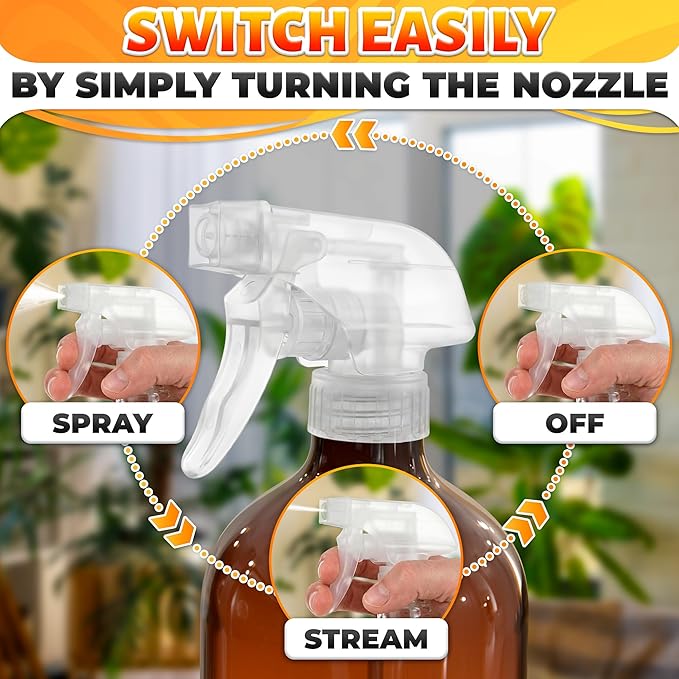 ALPENKOK 12Pack Spray Nozzle for Bottles, Trim-To-Fit Tube; Plastic (Clear) | Spray Bottle Nozzle Replacement; Fits 8 and 16 Oz; Trigger Sprayer with Mist, Stream & Off Modes; for Cleaning and Garden
