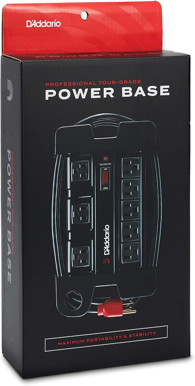 D'Addario Tour-Grade Power Base - Surge Protector Outlet - Surge Protector Power Strip - Stage Power Strip with 6 ft Cable - 5 Standard and 3 Transformer- Guitar Amp Outlet with Indicator Light