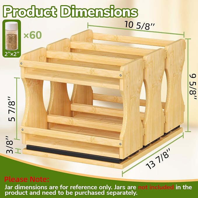 BAMEOS Pull Out Spice Rack Organizer for Cabinet, Bamboo Wide 13.9" Slide Out Seasoning Organizer for Kitchen, No Drill Anti-Tip Ball Bearing Silent Glides, Pantry Cabinet Organizer,Natural