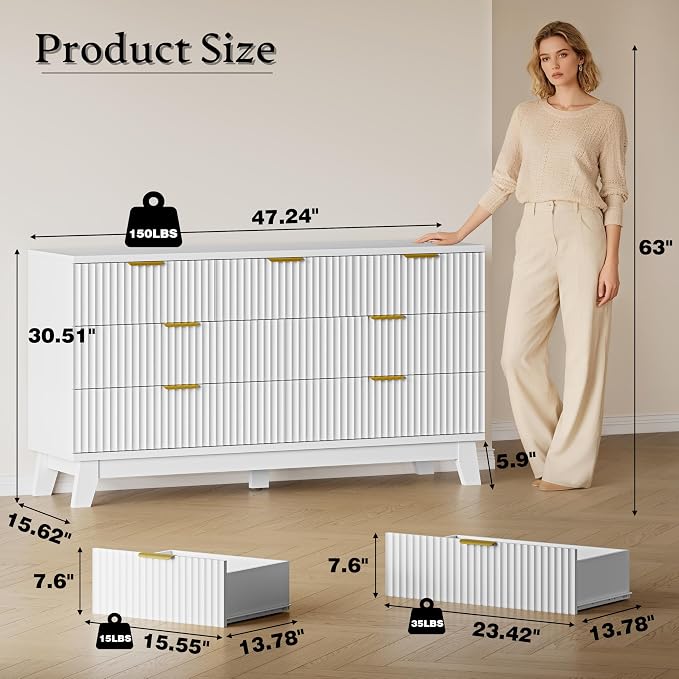 BORNOON Fluted 7 Drawer Dresser, 47.2" Wide Modern Boho Chest of Drawers, Wooden Storage Dresser TV Stand for Bedroom, Living Room, Closet, Hallway, Curved Profile Design