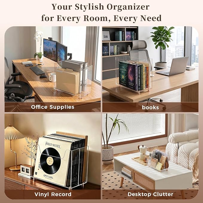 [Upgraded Size]Acrylic Magazine Holder, File & Magazine Rack Floor, Crystal Clear Desk Organizer with Gold Feet, Space-Saving Storage for Office Supplies,Home Office,Book,Newspaper,Study,Vinyl Record