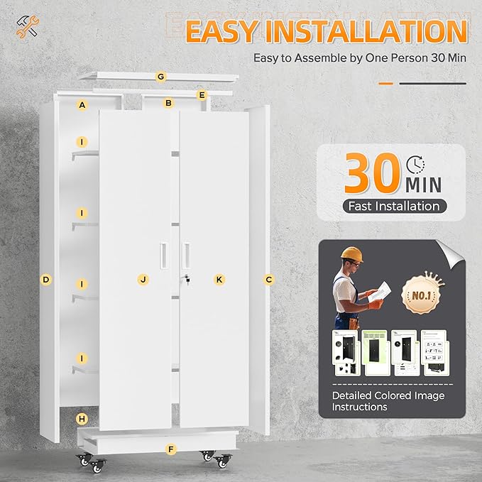 Superday 73" Metal Storage Cabinet with Wheels, Lockable Steel Utility Cabinet with 2 Doors and 4 Adjustable Shelves, Rolling Storage Cabinets for Garage, Home Office, Kitchen Pantry, White