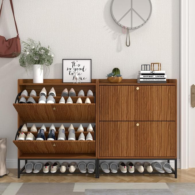 RARZOE Set of 2 Fluted Shoe Cabinets for Entryway with 2 Flip Drawers, Narrow Wood Shoe Cabinet with Fluted Panel, Freestanding Hidden Shoe Rack with Metal Legs for Foyer,Hallway(31.5''Walnut)