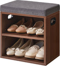 YMYNY Small Shoe Storage Bench with Cushion, Light Walnut, HBD028LW | 2 Tier Entryway Bench with Storage, Small Shoe Rack Bench with Adjustable Shelf for Entryway 11 x 15.3 x 16.5 Inches