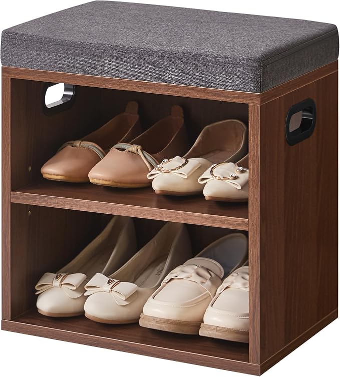 YMYNY Small Shoe Storage Bench with Cushion, Light Walnut, HBD028LW | 2 Tier Entryway Bench with Storage, Small Shoe Rack Bench with Adjustable Shelf for Entryway 11 x 15.3 x 16.5 Inches