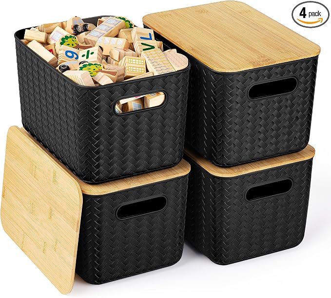 Ohmlove 4 Packs Storage Bins with Bamboo Lids - Plastic Storage Containers with Lids Stackable Storage Box: Storages Baskets for Organizing Desktop Closet Playroom Classroom Office, Black
