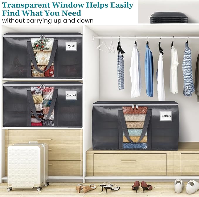 HomeHacks 2 Pack Extra Large Moving Bags with Visual PVC Window & Zippers, Storage Totes with Reinforced Handles, Heavy Duty Storage Bags for Packing, Moving, Storage (93L,Grey)