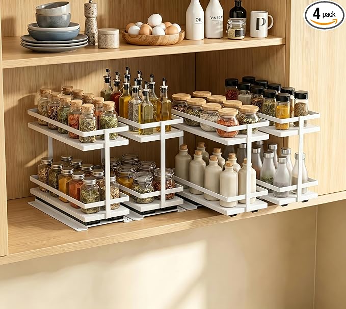 Pull Out Spice Rack 4Pcs Metal & Wood Seasoning Organizer White | No-Drill Install | Full-Extension Silent Glide | Each Tier Holds 10–12 Standard Spice Bottles | Rustproof, Wipe-Clean Surface