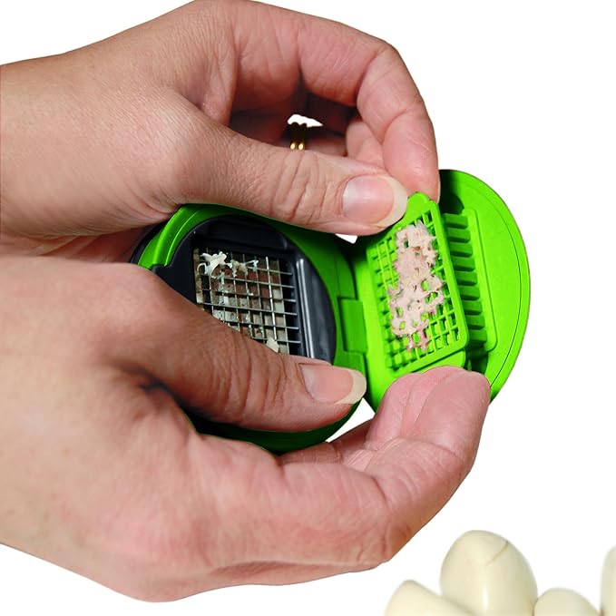 Garlic Perfection Press, Crusher, Mincer, and Storage Container - Easy to Clean - Stainless Steel Blades - Green
