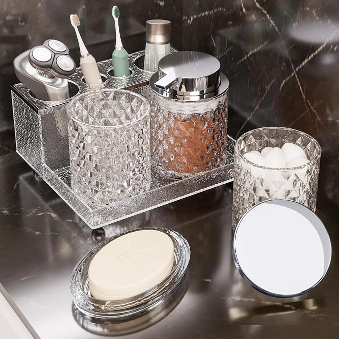 Glass Bathroom Accessories Set 5Pcs Crystal - Foaming Soap Dispenser, Soap Dish, Cup, Acrylic Toothbrush Holder with Tray Organizer, Qtip Jar, Bathroom Counter Set Sink Decor (Clear)