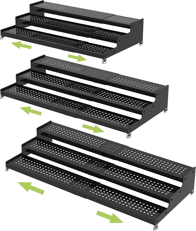 Jojocross Metal Spice Rack Organizer for Cabinet, 3 Tier Expandable Spice Storage Shelf, Great for Kitchen Cabinets, Cupboard,Pantry and Countertop More,Metal Plate with Hole(3PACKS/Black)
