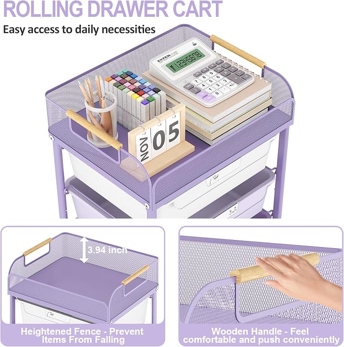 SYKIARIOL 4-Drawer Rolling Storage Cart with Mesh Top, Utility Craft Organizer Cart on Wheels with DIY Labels, Rolling Drawer Cart for Home Office Classroom Bedroom, Purple