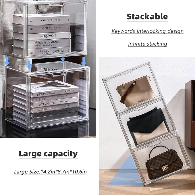Clear Stackable Plastic Storage Bins with Magnetic Attraction Lid, Acrylic Box Display Case Showcase for Cosmetic, Large Figures Collectibles (4 Pack, X-Large)