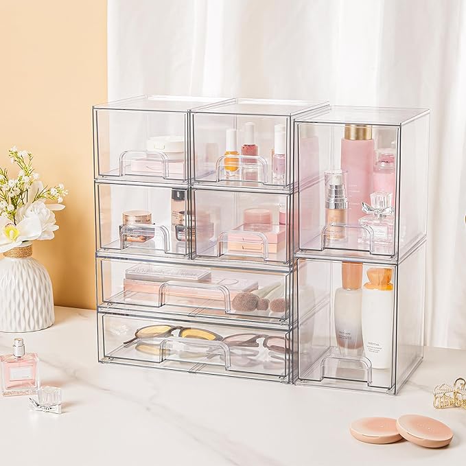 Vtopmart Stackable Storage Drawers Set of 6, Clear Plastic Organizer Bins for Bathroom Supplies, Ideal for Cabinet,Shelf, Pantry, Laundry Room Organization