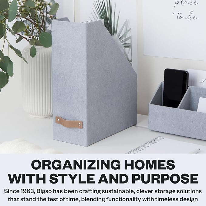 Bigso Estelle Magazine File - Magazine Holder and Organizer for Papers and Catalogs with Leather Handle - Magazine File Holder for Office Desks - 12.6 in x 4.5 in x 9.8 in - Ash Ballard