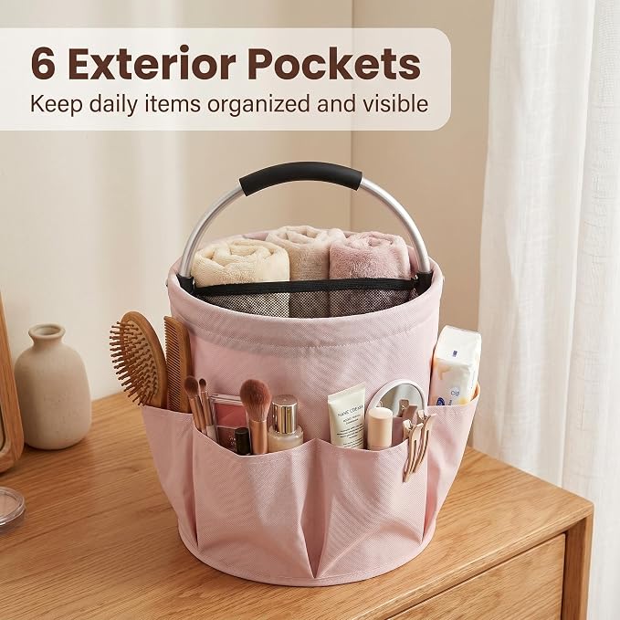 Pink Cleaning Caddy with Handle & Drawstring Top, 17L Foldable | Waterproof 600D Oxford Utility Caddy with 6 Pockets, Collapsible Cleaning Basket for Home, Garden, Dorm, Shower, Bathroom