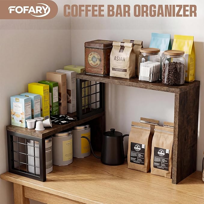 Kitchen Countertop Organizer, 2 Tier Corner Counter Shelf, Rustic Brown | Stackable, Expandable, Adjustable Cabinet Organizer Shelf, Spice Rack, for Kitchen, Coffee Station, Rustic Wood Grain