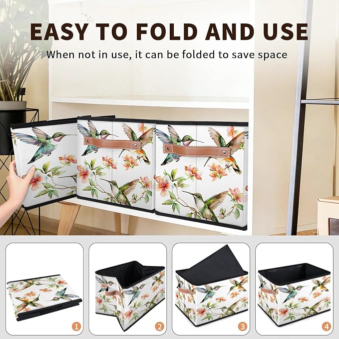 Hummingbird Closet Storage Bin, Foldable Storage Baskets for Shelves, Decorative Shelf Organizer Flower Bird Colourful Fabric Cube Bin for Living Room Bedroom Home Dorm