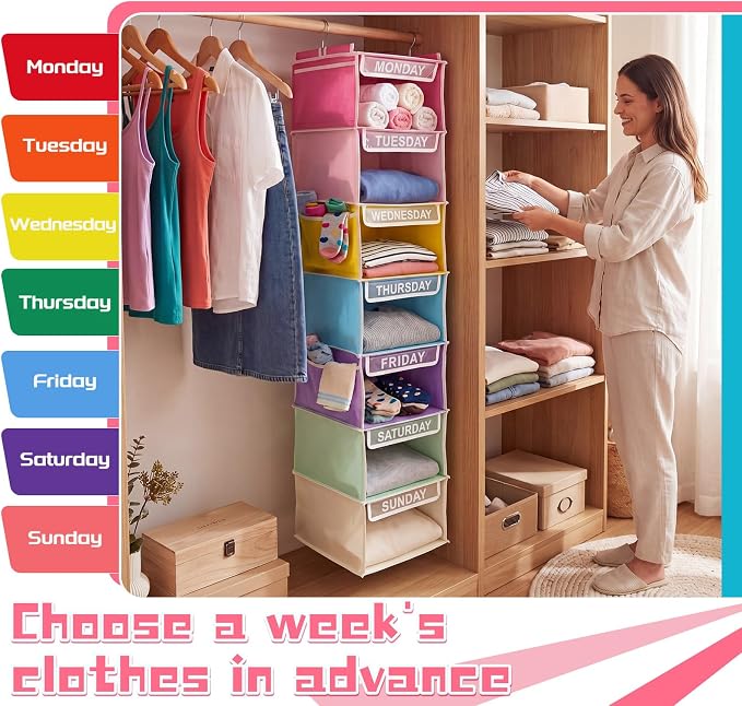 Amylove 2 Pcs 7 Shelf Weekly Clothes Organizer for Kids Hanging Closet Organizer 11. 8 x 11. 8 x 50 Inch Daily Activity Kids Clothes Storage Drawers Cube Drawers Closet Hanging Shelves (Pastel Color)