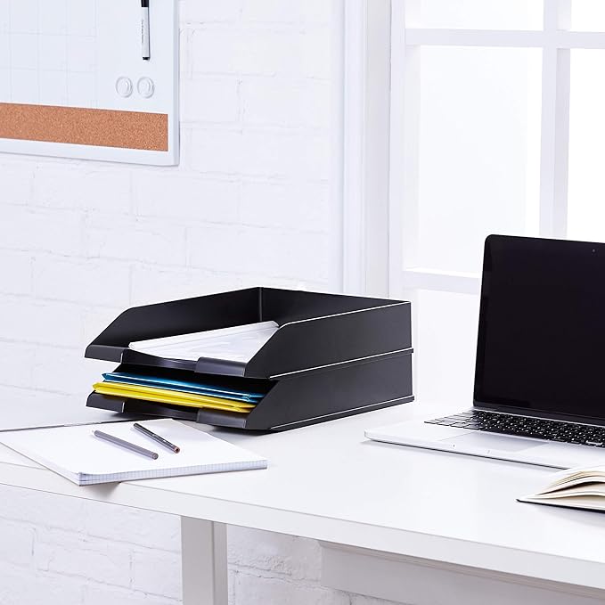 Amazon Basics Rectangular Stackable Office Letter Tray, Desk Organizer for Paper and Document Storage, Black, 12-Pack