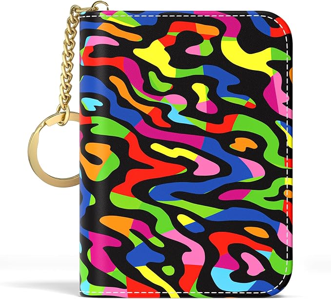 Aiawoxc Credit Card Holder, Small RFID Wallet Slim Leather Card Organizer Case with Zipper and Keychain, Abstract Rainbow Art