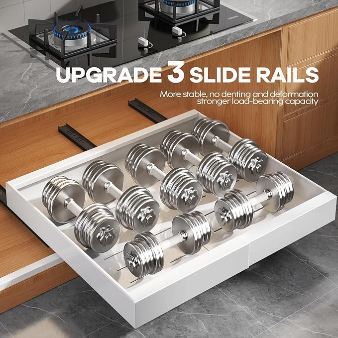 Seinloes 4 Pack Expandable (15.1"-26.3") Pull Out Cabinet Organizer 21" Deep With Raising Pad for Framed Cabinets,Upgrade 3 Slide Rails Slide Out Drawers,No Drill Roll Out Shelves Adhesive,White