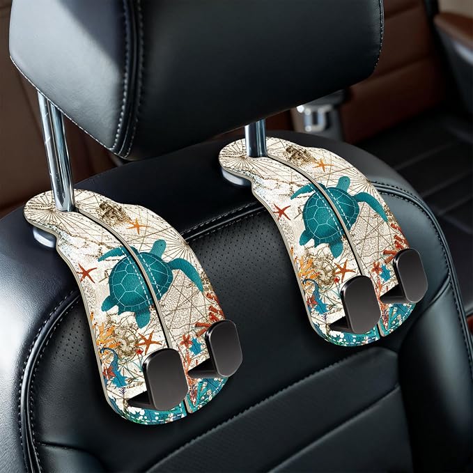 Blusabaca 2PCS Car Seat Headrest Hooks, Purses Bags Holder, Sea Turtle | PU Leather, Double Metal Back Storage Hangers for Grocery Bags Handbags Bottles Coats Phones, Car Accessories Organization