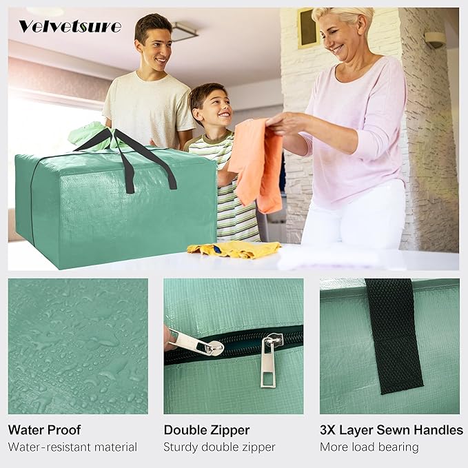 VELVETSURE 6 Pack Heavy Duty Large Moving Bags W/Backpack Straps - Strong Handles & Zippers, Storage Totes For Space Saving, Fold Flat, Alternative to Moving Box and Storage Bin, Teal