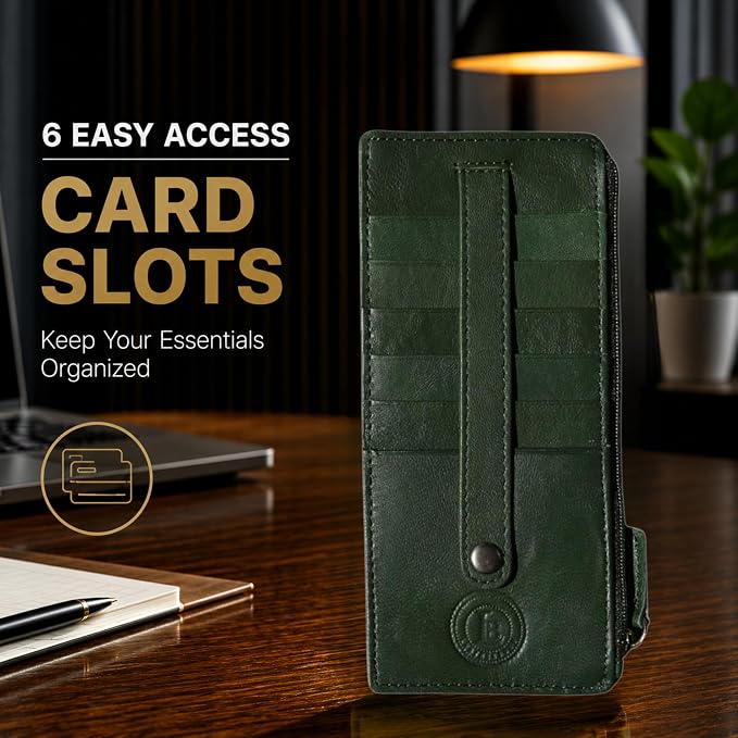 Leatherboss Genuine Leather Women's All in One Credit Business Card Case Holder Slim Zipper Wallet With a Card Protection Strap, Teal Green