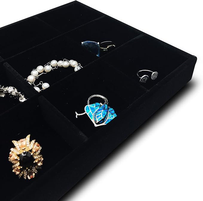 The Display Guys - Stackable Jewelry Tray and Organizer - for Drawers, Dressers, Store Display (15 Compartments, Black Velvet)