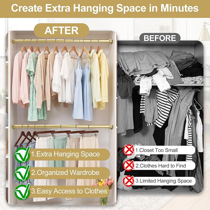 Adjustable Closet Rod for Hanging Clothes, 17-69inch Heavy Duty Metal tension clothes rod，1.3Inches Closet Pole with Hardware Kit for Closet Organization Laundry Room RV, Gold