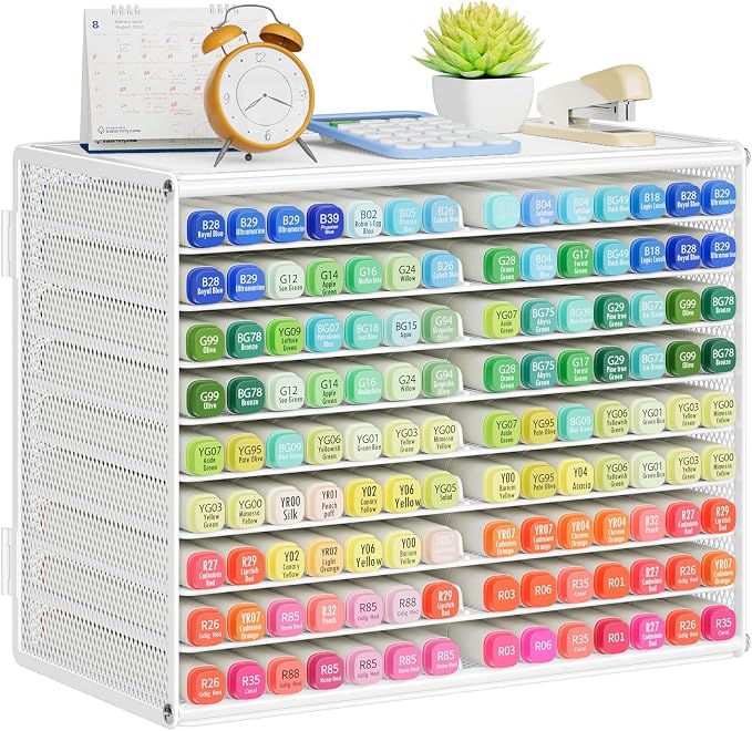 Marbrasse Mesh Marker Organizer, 9-Tier Rack Holds 126 Markers, White | Marker Holder, Space-saving Vertical Design, Desktop Storage for Office Classroom & Home Art Supplies