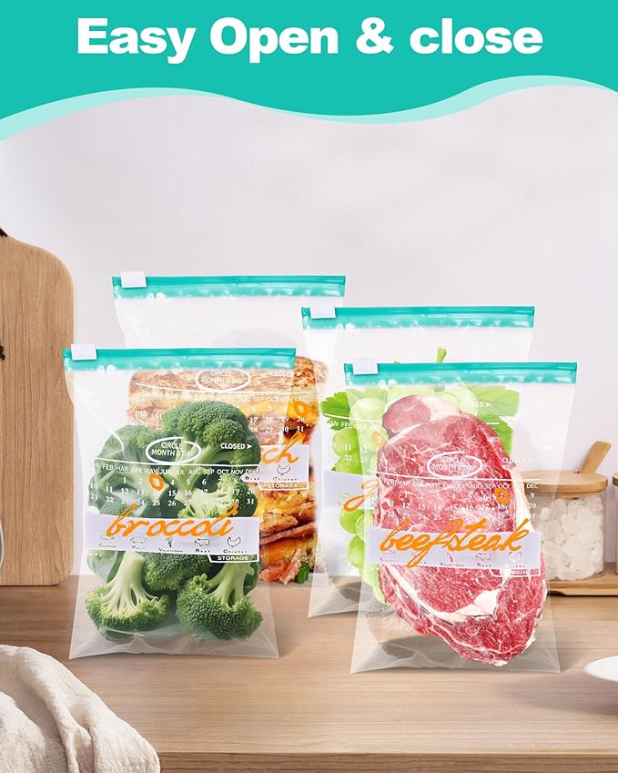 120 Pack Calendar Slider Quart Freezer Bags Reusable Food Storage Bags Slide Zipper Expandable Bottom Clear Plastic Freezer Bags With Write-On-Label For Food Storage (Green)