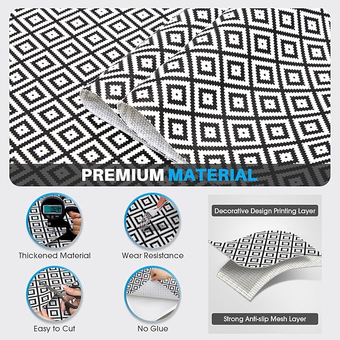 Coavas Shelf and Drawer Liner, Non Slip Extra Grip Non Adhesive Waterproof Thickened Cabinet Mat, Easy Cut for Kitchen Pantry Bathroom Dresser Cupboard (Black Rhombic, 12IN x 20FT)