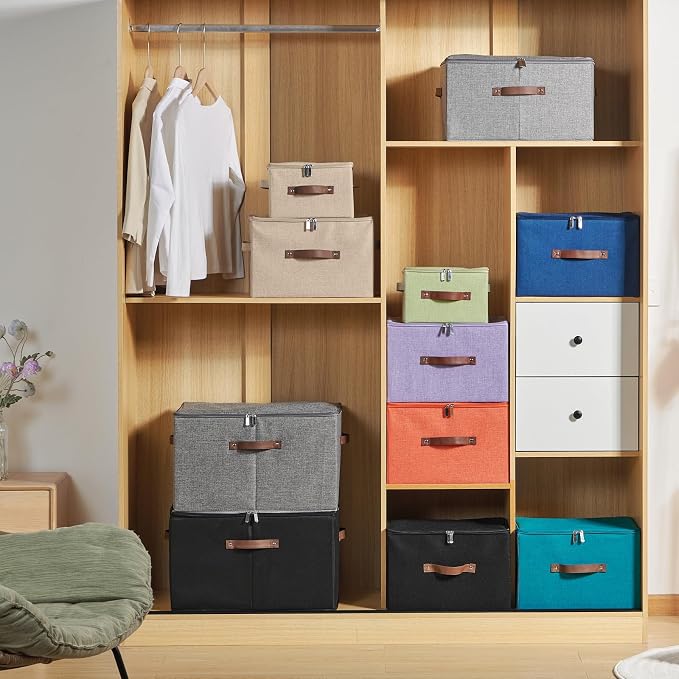 Storage Bins with Zipper Lid Cotton Linen Fabric Lidded Storage Baskets Boxes Foldable Washable Closet Shelf Clothes Organizer Container with PU Leather Handles (Purple, Large)