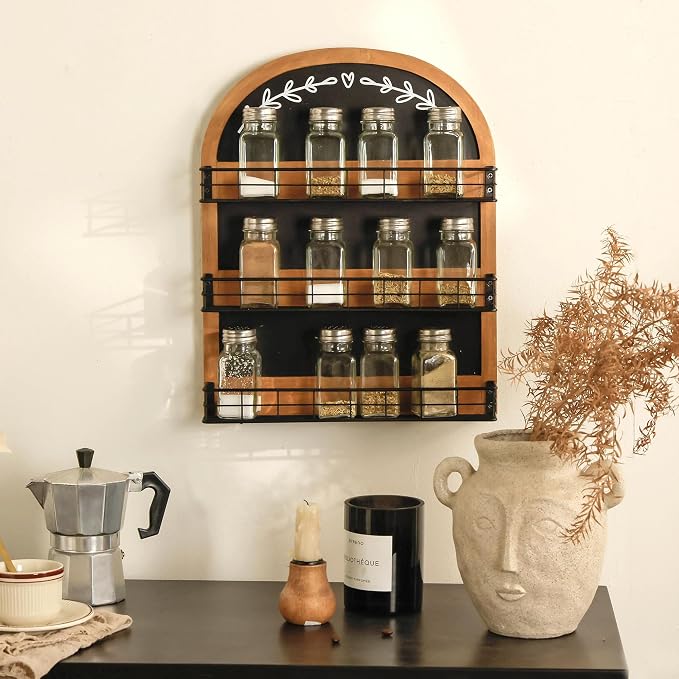 Wall Mount Spice Rack with Blackboard for 18 Jars, 3 Tier | Wooden Spice Shelf Organizer for Kitchen or Pantry Space Saving Wall-mounted Spice Holder, Black