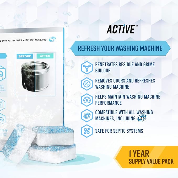 ACTIVE Washing Machine Cleaner and Mold Stain Remover - Includes 24ct Washer Cleaning Tablets and 7oz Mildew Stain Remover Gel