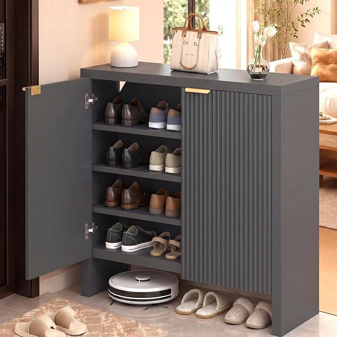 Shoe Cabinet, 5-Tier and 3 doors Shoe Storage Cabinets with Fluted Doors and Adjustable Shelves, Thickened Wood Freestanding for Entryway, Hallway, Closet, Organizer Rack, Natural Oak JBSC002BK