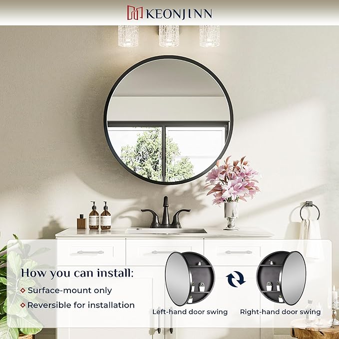 Keonjinn 20 Inch Round Medicine Cabinet with Mirror, Black Medicine Cabinet with Mirrors, Circular Surface Mount Medicine Cabinets, Framed Farmhouse Bathroom Cabinet with Adjustable Shelves