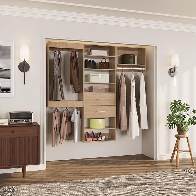 ROOMTEC Modular Closet System, 90" Wall Mounted Modern Closet Organizer with Hanging Rods and Drawers, Wooden Tower for Walk-In Closets, Wardrobe Storage Kit, Wood