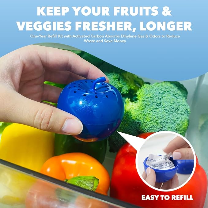 Bluapple Produce Saver Ethylene Gas Absorber with Activated Carbon, 1 Year Supply, Keeps Fresh Fruits & Vegetables Longer - Produce Saver for Kitchen - 8-Packets, 13g Total (Active Formula + Carbon)