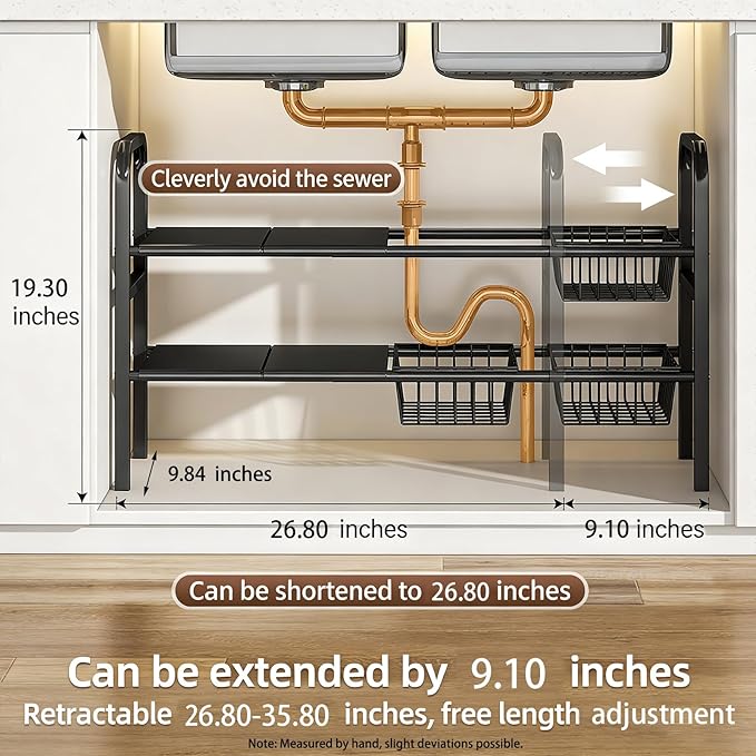 Under Sink Organizers – Expandable 2 Tier Under Cabinet Storage Rack with Adjustable Shelves, 4 Baskets & Panels, Heavy Duty Metal, Fits Around Pipes for Kitchen & Bathroom (Black)