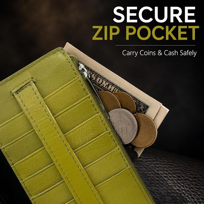 Leatherboss Genuine Leather Women's All in One Credit Business Card Case Holder Slim Zipper Wallet With a Card Protection Strap, Army Green
