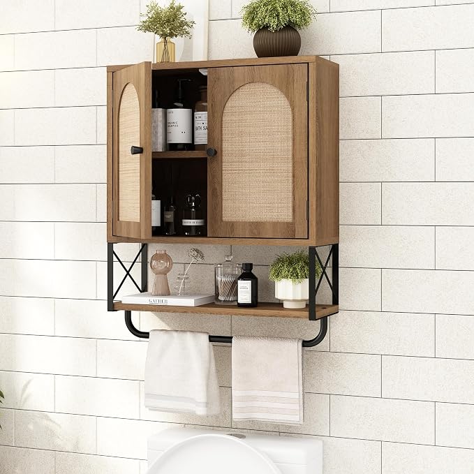RUSTOWN Rattan Bathroom Wall Cabinet, Boho Over The Toilet Storage Cabinet | Arched Rattan Doors, Modern Medicine Cabinet, Adjustable Shelves, Towel Bar, Rustic Oak