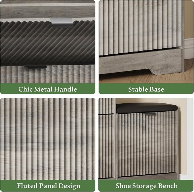 Xixini Shoe Storage Cabinet for Entryway with 3 Flip Drawers & Bench, Slim Wood Shoe Organizer with Modern Fluted Panel, Freestanding Narrow Shoe Rack for Front Door Entrance, Hallway, Foyer, Grey