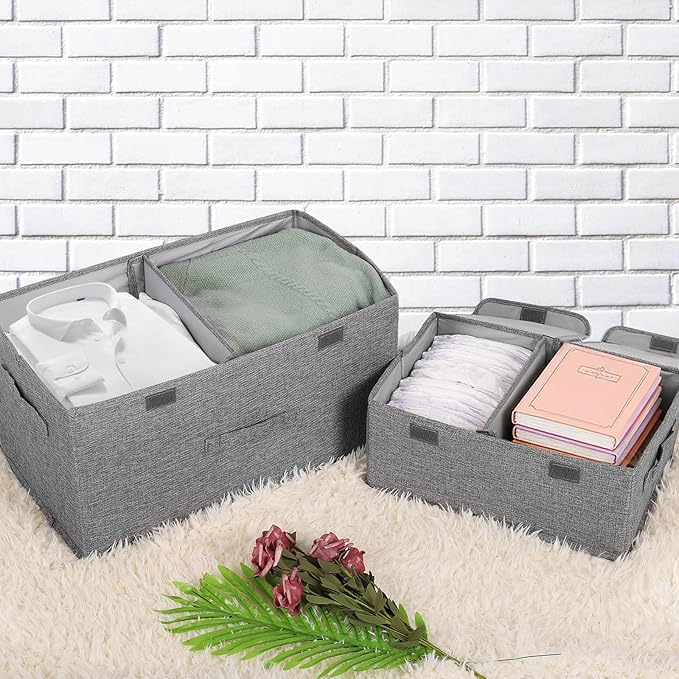 2 Pack Large Storage Boxes with Lids and Handles, Collapsible Linen Storage Bins Organizer Containers Baskets Cube with Removable Divider for Home Bedroom Closet Office (Red, Small)