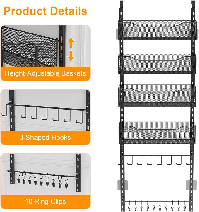 Over the Door Organizer, 2 in 1 Metal Hanging Closet Organizer & Hat Rack with 4 Adjustable Baskets, 8 Hooks, 10 Clips, Behind The Door Storage for Bedroom, Bathroom, Entrance, Closet, Kitchen, Black