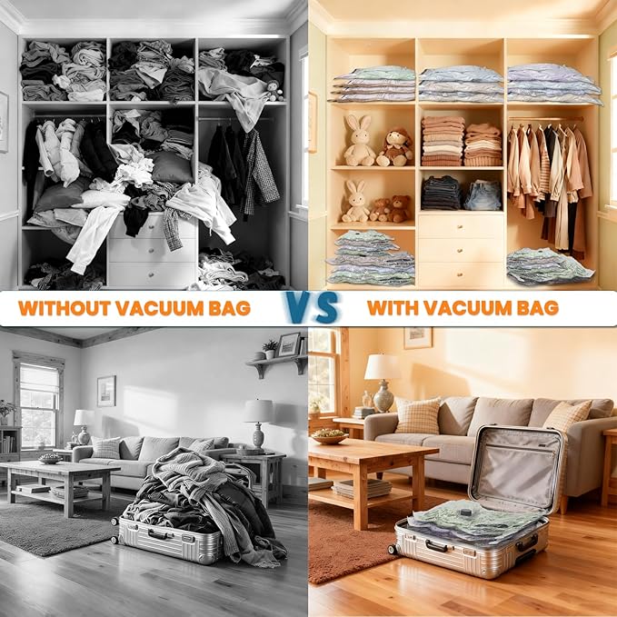 Vacuum Bags for Travel with Rechargeable Electric Pump, 12 PCS (4S,4M,4L) Storage Bags Vacuum Sealed, Space Saver Bags Carry-on Size Compression Packing Bags for Luggage and Suitcase