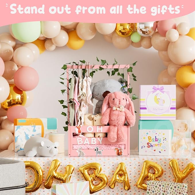 Baby Shower Gifts Basket Wooden Crate, Personalized Wooden Letters and Clothes Hangers New Born Baby Girl Boy Gifts Vine Decorations Cute Closet with Handle Pregnancy Gifts for New Mom Parents Pink